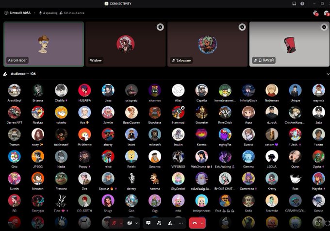 Screenshot of an 'Uncutt-AMA' Discord voice chat event in progress showing 4 speakers (Aaronhaber, Wisdom, 7akwany, RAVOS) and an audience of 106 participants.
