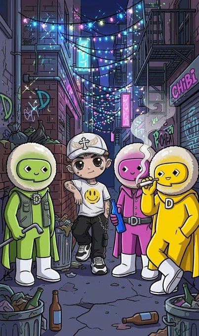 A stylized cartoon illustration shows three characters in a neon-lit urban alley, with signs reading "CHIBI" and "DUST" alongside a "D"-logoed figure, visually representing the Web3 social media brand "Dlicom" highlighted in the accompanying post.