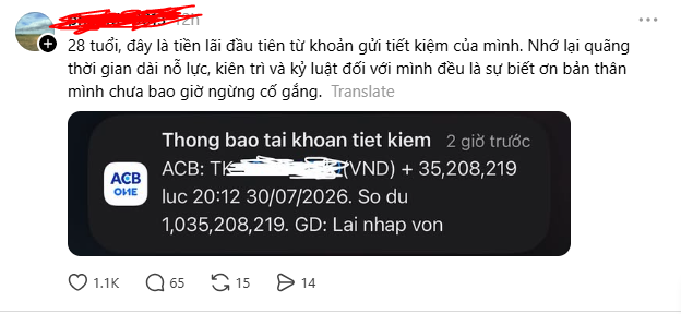 A screenshot of a Vietnamese social media post celebrating a user's first savings account interest payment of 35,208,219 VND at age 28, bringing their balance to 1,035,208,219 VND at ACB bank, with the caption humorously comparing this financial milestone to earning just $3 through Moon Pay, highlighting a stark contrast between long-term wealth accumulation and small-scale crypto earnings.
