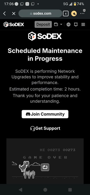 A mobile screenshot of the SoDEX (sodex.com) website showing a "Scheduled Maintenance in Progress" notice with an estimated 2-hour completion time and a retro 8-bit "GAME OVER" graphic at the bottom.