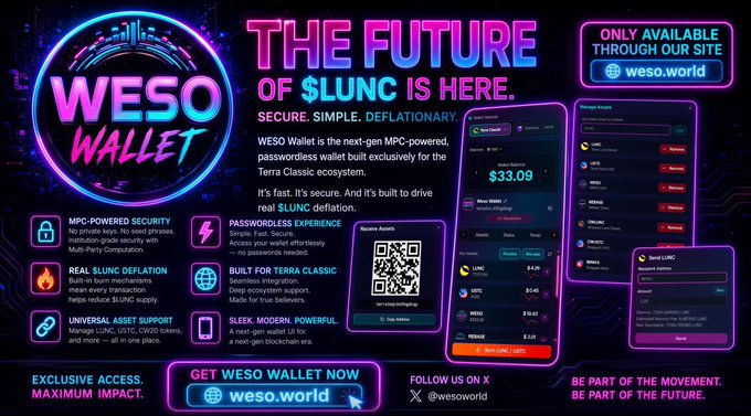 A promotional graphic for WESO Wallet, a crypto wallet for the Terra Classic ecosystem, featuring neon pink and blue text that reads 'THE FUTURE OF $LUNC IS HERE' alongside screenshots of the wallet interface and a QR code.