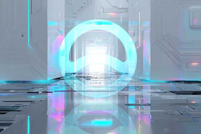 A glowing teal and pink circular logo is displayed within a futuristic, circuit-board-like corridor, reflecting on the glossy floor below. The high-tech aesthetic visually reinforces the post's announcement about integrating $ANYONE with Robinhood Chain through LayerZero Core's multichain infrastructure.