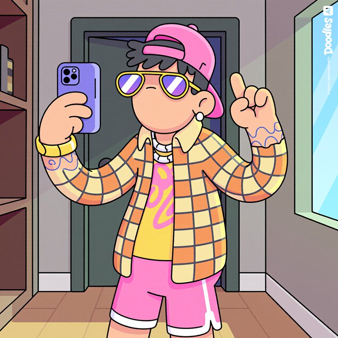 A colorful cartoon character takes a mirror selfie while pointing upward, wearing a pink cap and shorts, yellow sunglasses, and an orange-and-cream checkered jacket.