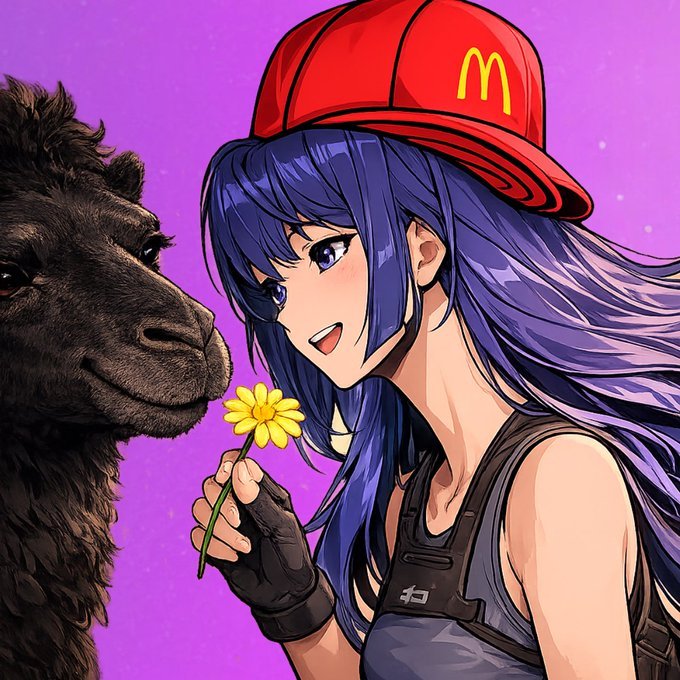 An anime-style digital illustration of a blue-haired girl in a red McDonald's cap holding a yellow flower, standing next to a camel against a purple background.