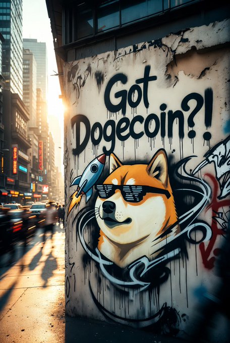 Street art graffiti on a city wall reading 'Got Dogecoin?!' featuring a Shiba Inu dog wearing pixelated sunglasses with a rocket ship.