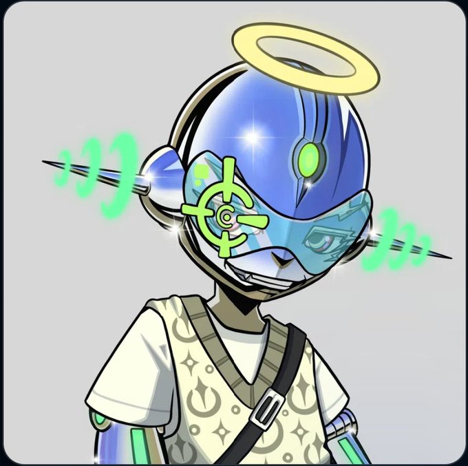 An anime-style illustration of a robotic character with a blue helmet, halo, green visor, crosshair eyepiece, and green energy emanating from its head.