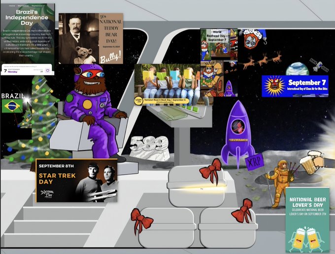 A collage celebrating various holidays including Brazil's Independence Day, National Teddy Bear Day (Bull), World Kindness Day, Star Trek Day (September 8th), National Beer Lover's Day, and September 7th, with a bear character in a purple spacesuit sitting in an astronaut chair amidst festive decorations and presents. The accompanying text references the Ethiopian New Year (Enkutatash) and "XRP Moon," connecting the image's theme of year-end celebrations to this cultural event, though the visible holidays primarily emphasize September observances rather than Ethiopian traditions.