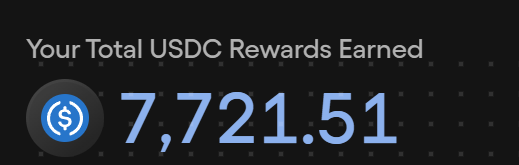 The image features a signboard showing that the user has received 7,721 points for their total USDC reward. The points are divided into different categories based on the volume of purchases made across all accounts. There's also an explanation provided about the weekly rewards earned and how they might have deteriorated over time due to retroactive payments.