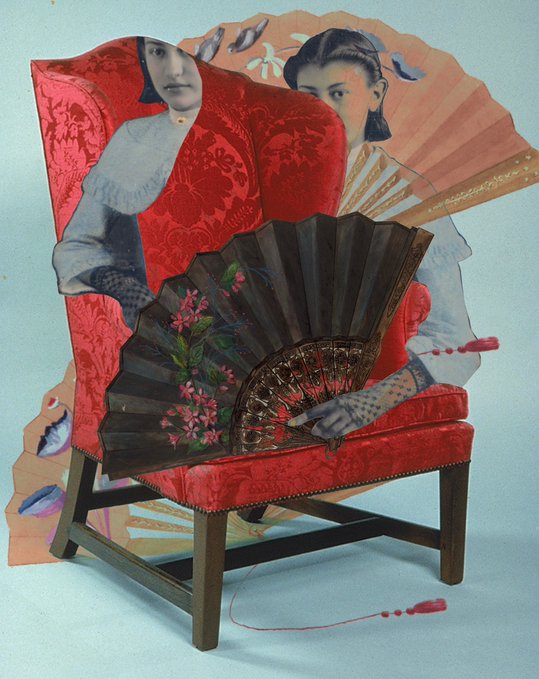 A surreal collage artwork featuring a red patterned armchair, a large decorated fan, and cutout figures of women in vintage attire against a light blue background.