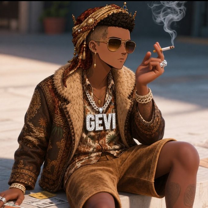 A stylized animated character wearing a fur-collared jacket, crown-adorned headwrap, and aviators holds a cigarette, sporting a large diamond "GEVI" pendant and gold chains while seated on a ledge. The image's luxurious, confident aesthetic matches the post's Monday grind energy, with "GEVI" appearing as a bold statement piece reflecting the hustle mindset.