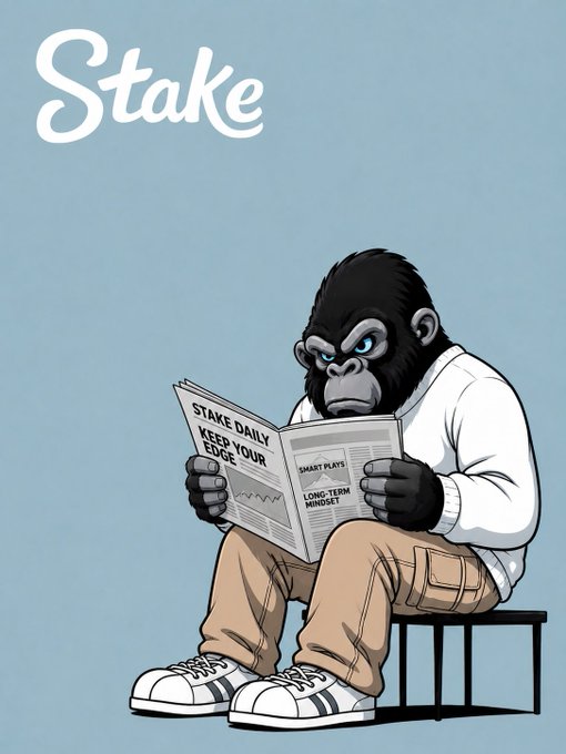 A gorilla wearing a white sweater and khakis reads "Stake Daily" newspaper featuring headlines like "Keep Your Edge," "Smart Plays," and "Long-Term Mindset," with "Stake" logo displayed at the top.

The cartoon reinforces the promotional post's branding by emphasizing the "Stake" platform name and themes of disciplined, strategic gambling ("Keep Your Edge," "Long-Term Mindset") that align with the streamer's call for viewers to use his Stake usernames for bets.