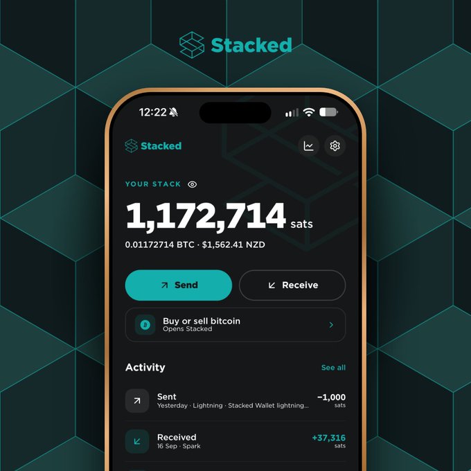 A smartphone screen displays the 'Stacked' Bitcoin wallet app showing a balance of 1,172,714 sats (0.01172714 BTC · $1,562.41 NZD), with Send/Receive buttons and recent activity including a +37,316 sats Spark transaction.