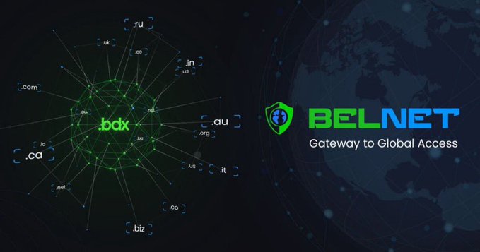 The image displays the Belnet logo with the tagline "Gateway to Global Access" alongside a network visualization showing ".bdx" at the center connected to various country domains like .uk, .ru, .in, .us, .ca, .au, and others, illustrating the global reach of Beldex's Belnet service. This visually represents the decentralized, worldwide nature of Beldex's BNS (Beldex Name Service) layer mentioned in the post about digital identity.