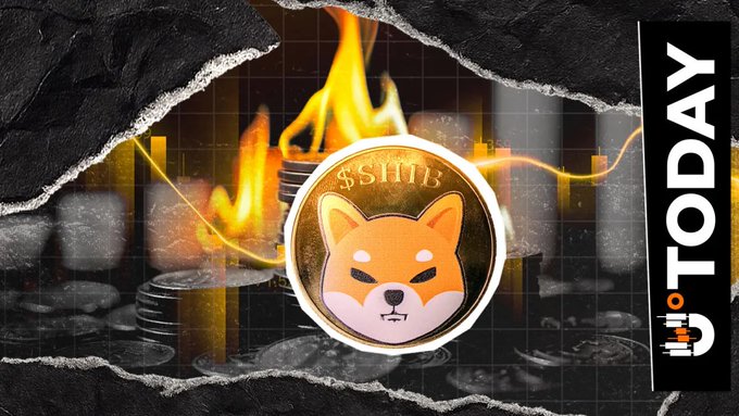 The image features a Shiba Inu ($SHIB) coin set against a backdrop of flames and a downward-trending chart, visually symbolizing the token's burn rate reversal. On the right side, the "u TODAY" logo is displayed, matching the post's update that only about 1.38M SHIB (~$7) was burned in the last 24 hours, marking an 87.63% daily drop in burn rate.