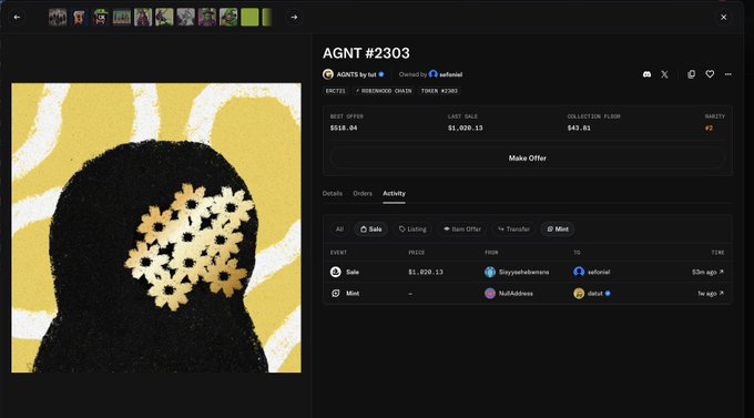 A dark-themed NFT marketplace interface displays item 'AGNT #2303' showing a best offer of $518.04, last sale of $1,020.13, and rarity #2, with the artwork featuring a hooded figure with a star-patterned face.