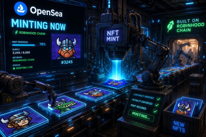 A sci-fi themed digital artwork shows an NFT minting facility with robotic arms minting pixel-art Viking characters on conveyor belts, featuring 'OpenSea MINTING NOW ROBINHOOD CHAIN' on the left and 'BUILT ON ROBINHOOD CHAIN' on the right, with progress at 78% and 3,245/6,000 supply.