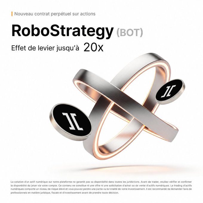 A French promotional graphic for 'RoboStrategy (BOT)' perpetual stock contract with leverage up to 20x, featuring a metallic intertwined ring logo.