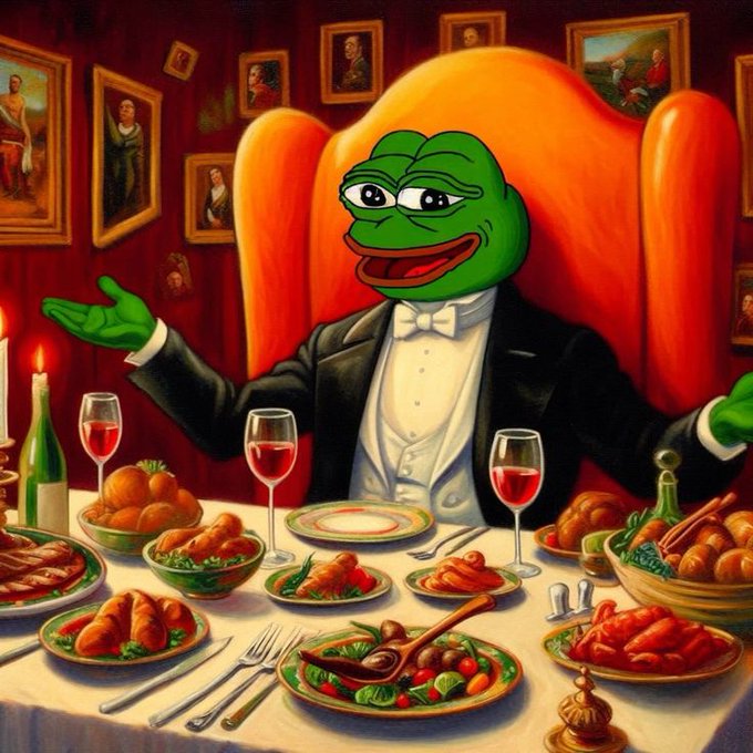 A well-dressed Pepe the Frog dines lavishly at a banquet, gesturing smugly with one hand raised while surrounded by wine, candles, and fine dishes. The image mirrors the post's theme of quiet confidence and hidden activity—just as the frog sits at a feast unnoticed by the crowd, calm markets can mask significant moves happening out of plain sight, especially for those watching GM closely.