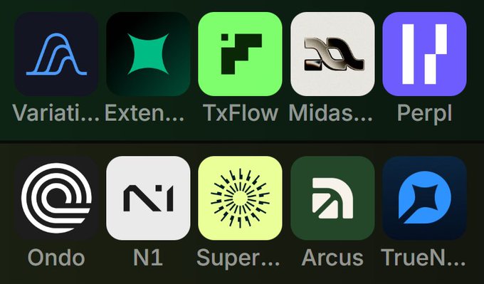 A grid of 10 app icons displayed in two rows of five on a dark background, labeled Variational, Extended, TxFlow, Midas, and Perpl on top, with Ondo, N1, Super, Arcus, and TrueN... below, representing the perp DEX airdrop projects mentioned in the post.