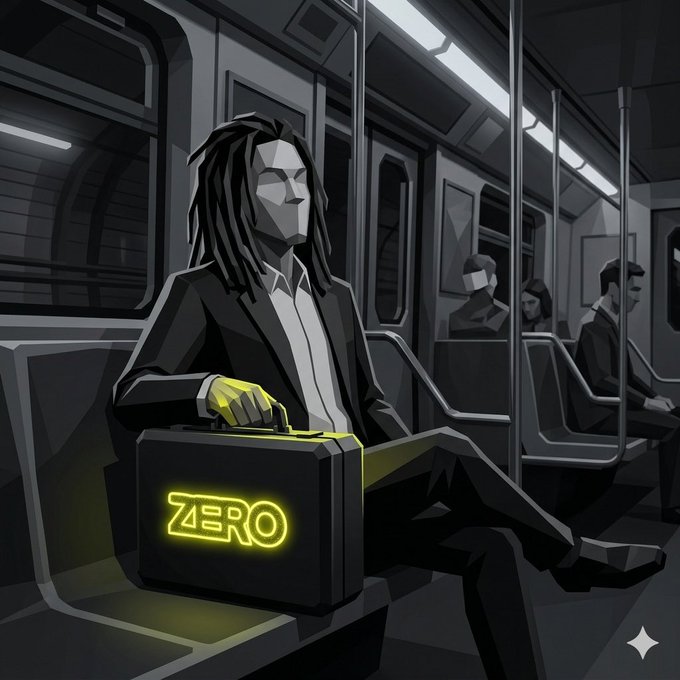 A stylized illustration shows a figure in a black suit with yellow gloves sitting on a subway train, holding a briefcase glowing with the word 'ZERO' in neon yellow letters.