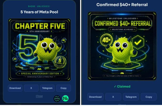Two digital achievement badges from Meta Pool celebrating '5 Years of Meta Pool' and a 'Confirmed $40+ Referral' milestone.