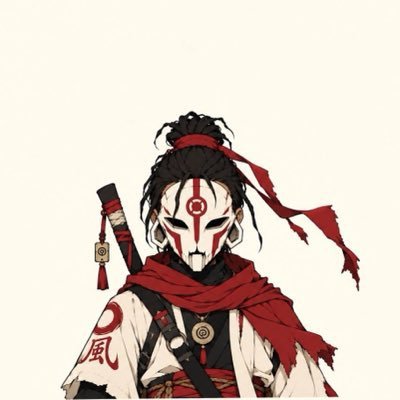 An anime-style illustration of a masked warrior with a white and red face mask, dark hair in a topknot with a red ribbon, wearing a red scarf and carrying a sword with a decorative tassel on their back.