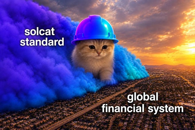 The image shows a fluffy orange cat wearing a purple hard hat, emerging from purple and blue storm clouds looming over a sprawling city at sunset, with the text "solcat standard" and "global financial system" labeling the cat and the city below.

The post's metaphor plays out visually: the tiny $SOLCAT-stamped kitten in a hard hat represents the "solcat standard" descending as an unstoppable, whiskered storm upon the entrenched global financial system depicted as the vulnerable metropolis below.