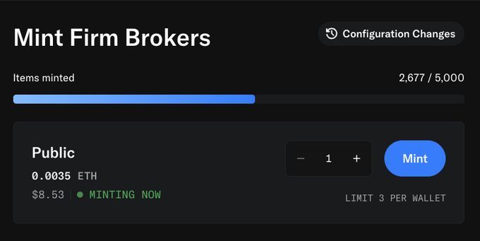 A screenshot of a mint page for "Mint Firm Brokers" shows 2,677 of 5,000 items already minted, with each mint costing 0.0035 ETH ($8.53) and a limit of 3 per wallet. This relates to the post where the user encourages early supporters of @thefirmbrokers, who have already profited, to also participate in the mint to drive up demand.