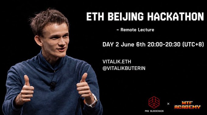 The image features a man giving a thumbs up with his hands raised while standing against a black background. The text "ETH Beijing Hackathon" is displayed at the top of the image, along with the date "Day 2 June 20th (20:30) (UTCT8)" and the hashtag "#vitaliket@efcommons". In the bottom right corner, there's an organization called @GCCofCommons that has donated to this hackathon.