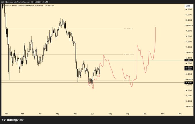 A TradingView candlestick chart of BTC/USDT Perpetual Contract on Binance (1D timeframe) from July 2024, showing Bitcoin's price action with Fibonacci retracement levels marked at 0.236 (66.1), 0.5 (69.2), and 0.786 (60.0).