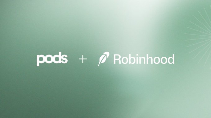 A green gradient graphic displaying the logos 'pods + Robinhood' indicating a partnership between the two companies.