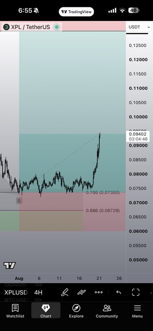 A TradingView chart shows XPL/USDT climbing from around $0.075 to a recent high near $0.09402, with Fibonacci retracement levels (0.786 and 0.886) marked below—visually capturing the bullish move a Discord member is celebrating with "LOVE FROM DISCORD $XPL."