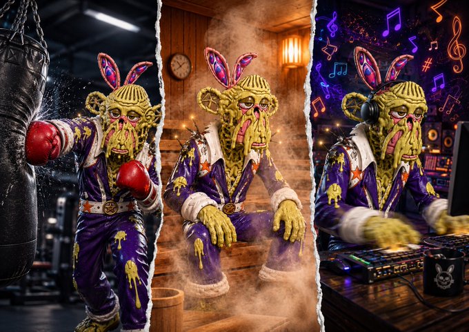 A triptych image showing a grotesque, green-skinned humanoid wearing a purple tracksuit and bunny ears in three scenarios: boxing, sitting in a dusty room, and DJing.