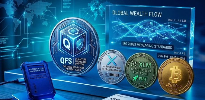 A promotional graphic displays a large blue 'QFS QUANTUM FINANCIAL SYSTEM' coin alongside smaller XRP, XLM, and Bitcoin tokens, with background text referencing 'GLOBAL WEALTH FLOW', 'ISO 20022 MESSAGING STANDARDS', and 'Global Bridge for Global Settlement'.