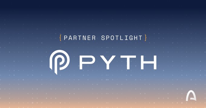 A "Partner Spotlight" graphic featuring the Pyth Network logo and name against a blue gradient background, promoting Pyth's integration with Arc Testnet to deliver high-frequency financial data for developers. The clean, professional design visually highlights the partnership announcement about empowering DeFi and trading applications with real-time market data.