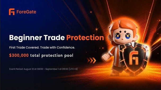 A promotional banner for 'ForeGate' featuring 'Beginner Trade Protection' with '$300,000 total protection pool' and event dates, alongside a cartoon character holding a shield.