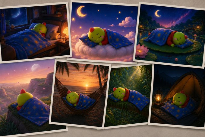 A collage of illustrated photos showing a small green cartoon character sleeping peacefully under a blue starry blanket in various dreamy settings including a bed, clouds, lily pad, mountain, hammock, forest, and tent.