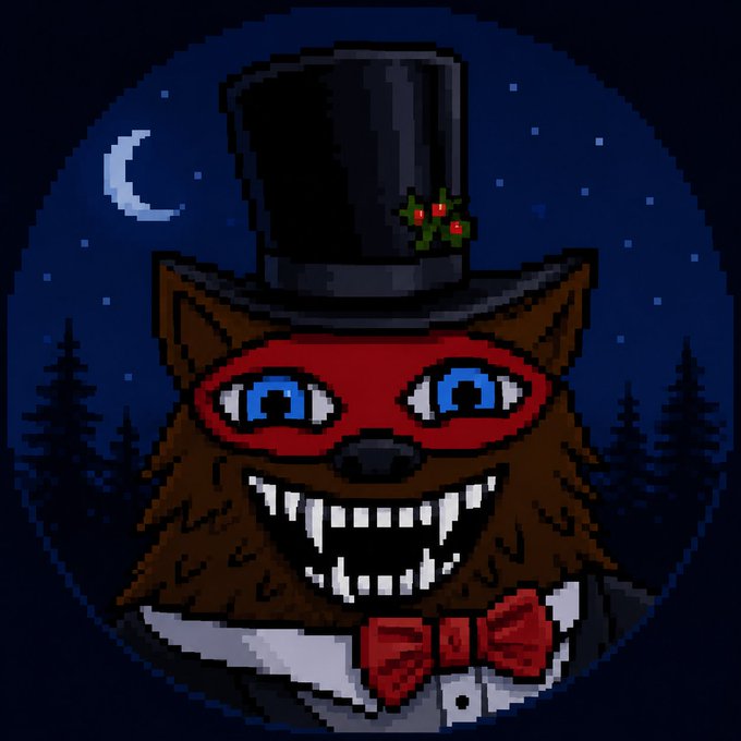 A pixel art portrait depicts a brown, furry character with sharp teeth wearing a black top hat with holly, a red mask, and a red bow tie against a night sky with a crescent moon and pine trees.