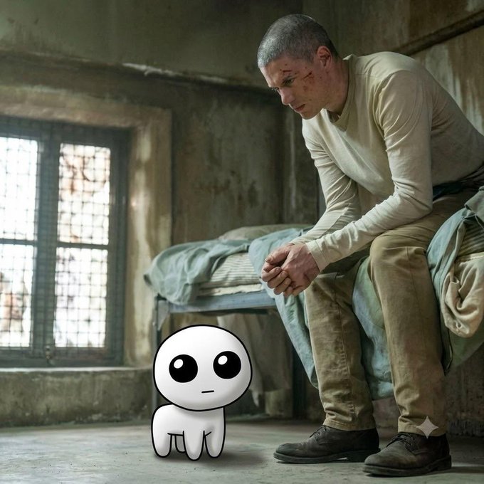 Scene from a prison or institutional setting showing a man with a shaved head sitting on a bed looking down thoughtfully, with a cartoon white character with large eyes edited into the foreground.