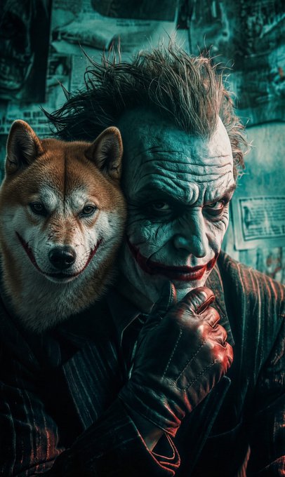 Digital art depicting the Joker with messy green hair standing next to a Shiba Inu dog that has the Joker's signature smile painted on its face.