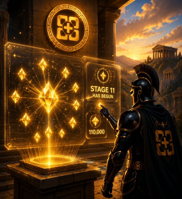 A promotional graphic featuring a Roman/spartan warrior viewing a glowing holographic display that reads 'STAGE 11 HAS BEGUN' with '110,000' displayed below.
