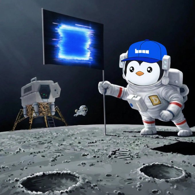 The image features a cartoon penguin standing on the moon, holding up a flag with blue neon lights. In the background, there are two spaceships - one larger than the other. The caption reads "Baseposting on the moon. Still not bullish enough." This suggests that the post is about the lack of enthusiasm or excitement related to space exploration and the idea of baseposting on the moon.
