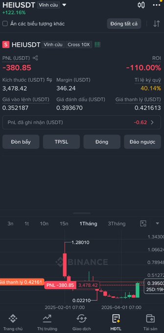 A Binance trading interface in Vietnamese showing a losing position on HEIUSDT with a PNL of -380.85 USDT and -110.00% ROI.