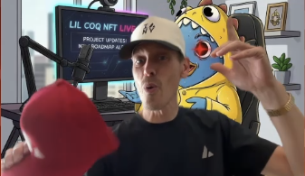 A streamer in a beige '80' cap and black shirt holds a red object in a room with a monitor displaying 'LIL COQ NFT' and 'PROJECT UPDATE: TOKENOMICS', with a SpongeBob character plush visible behind him.