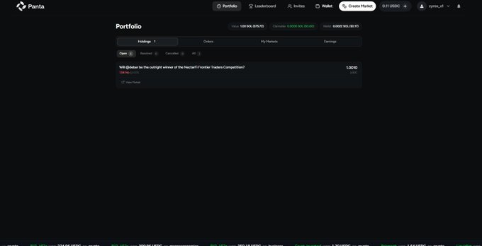 A screenshot of a 'Panta' platform portfolio page showing Holdings with a single Open order to buy 1 USDC of 'So High It Broke The Earth (SHIBE)'.