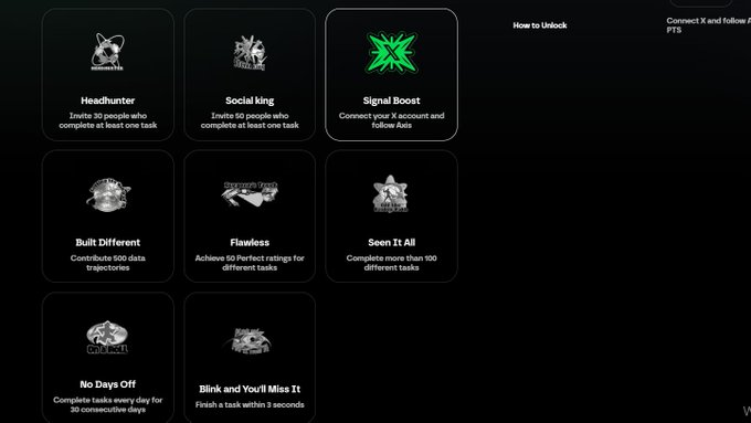 A dark-themed achievements dashboard listing badges such as 'Headhunter', 'Social king', 'Signal Boost', 'Built Different', and 'Flawless', with a highlighted box around 'Signal Boost'.