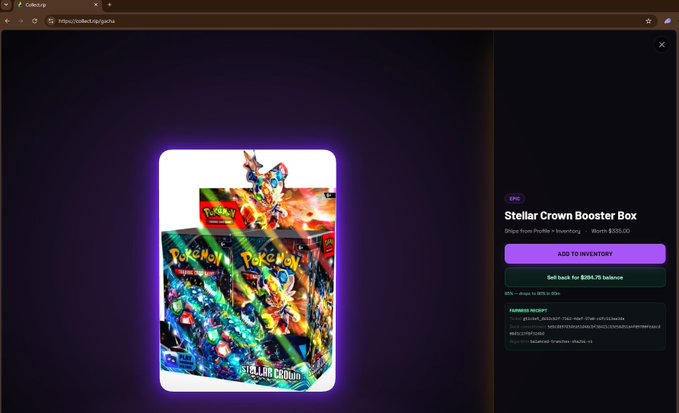 A screenshot from collect.xyz/pokecha showing a "Stellar Crown Booster Box" listed on the Epic tier for $335.00, displayed as a glowing Pokémon card pack against a dark background.