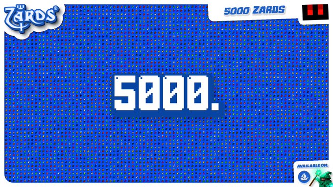 A promotional image for the Zards® NFT collection displays "5000" in large pixelated white text on a blue patterned background, reinforcing the post's message that there will only ever be 5,000 Zards minted with no future collections, mutants, or migrations. The Zards® logo appears in the top-left corner, and an "Available on OpenSea" badge is shown in the bottom-right.
