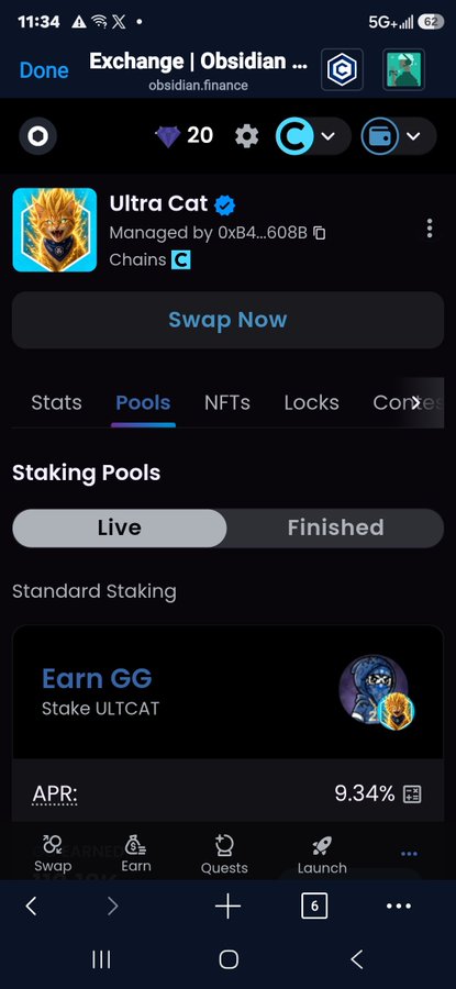 A screenshot of the "Ultra Cat" staking pool page on the Obsidian Exchange shows a "Standard Staking" option where users can "Stake ULTCAT" to "Earn GG" with an APR of 9.34%. The image relates to the post by illustrating how holders can put their ULTCAT tokens to work to generate additional yield, essentially using their bag to make a bag.