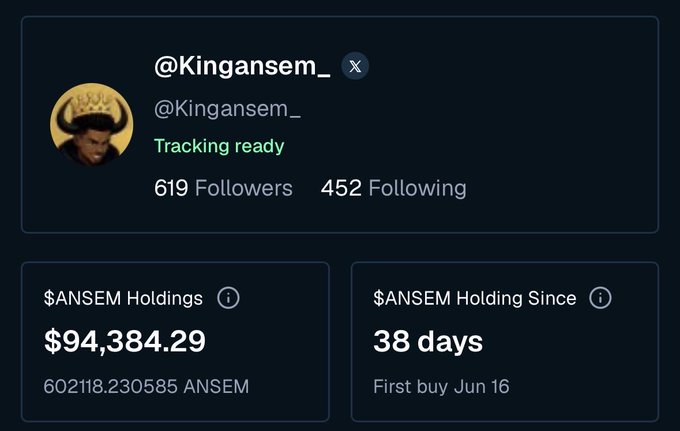 A dashboard screenshot showing the Twitter/X profile '@Kingansem_' with 619 followers, displaying holdings of '$94,384.29' in '$ANSEM Holdings' (602118.230585 ANSEM) and noting '$ANSEM Holding Since 38 days' with 'First buy Jun 16'.